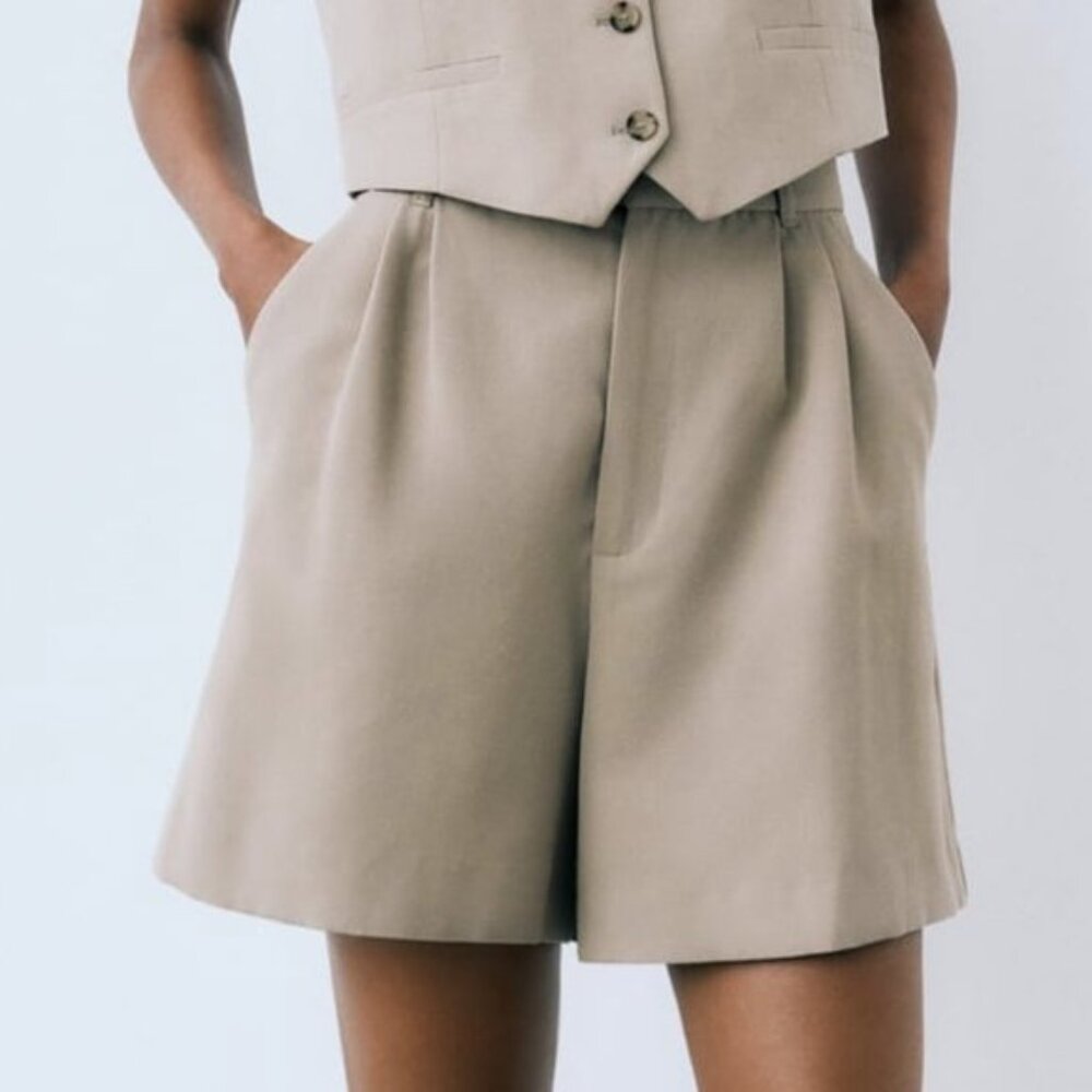 Zara Tan Linen Blend High Waisted Shorts sz M